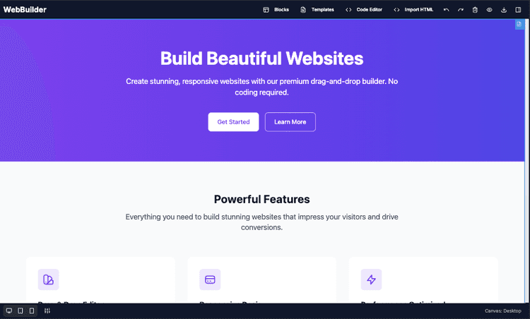 Web Builder GrapesJS — Modular No-Code Website Builder desktop view