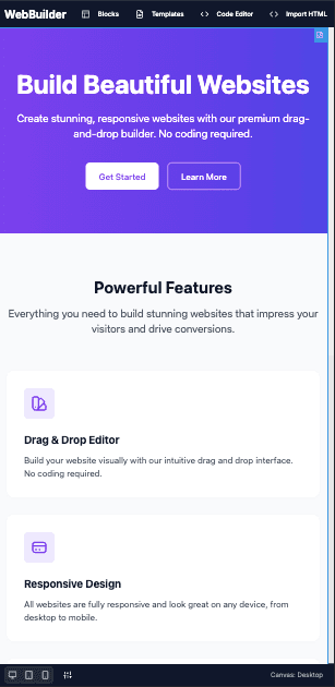 Web Builder GrapesJS — Modular No-Code Website Builder mobile view
