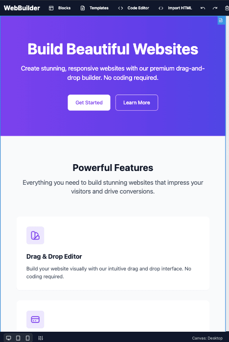Web Builder GrapesJS — Modular No-Code Website Builder tablet view